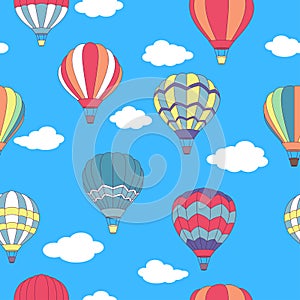 Seamless pattern of flying hot air balloons (vector, raster,  illustration, transportation)