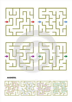 Set of four maze game templates with answers