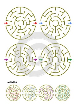 Set of four round maze game templates with answers