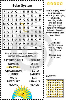 Solar system themed wordsearch puzzle