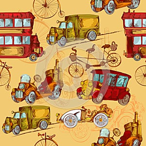 Vintage steampunk cars and bikes seamless pattern (vector, raster,  illustration, transportation)