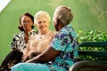 Group of elderly black and caucasian women talking in park