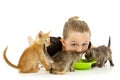 Adorable Girl Child Sharing Kitten's Milk Bowl