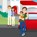 Amicably divorced family young father picking up his son in shared custody after amicable divorce from his former wife and her new Stock Photos