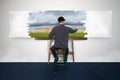 Artist and Painter Paint Oil Painting Landscape on White Canvas