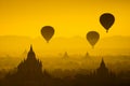 Balloon over plain of Bagan in misty morning, Myanmar