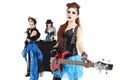 Beautiful all female rock band over white background