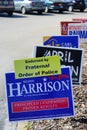 Blue Election vote signs along the road  Voting Shawn Harrison fir State House District 63