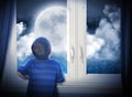 Boy Looking At Night Moon And ...