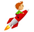 Boy riding red rocket