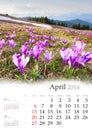 2014 Calendar. April.