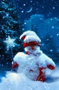 Christmas snowman and fir branches covered with snow