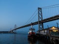 Close-up of fire station and fireboat under San francisco Bay Bridge