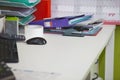 Close-up of real life messy desk in  office