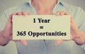Closeup hands holding sign one year 365 opportunities message
