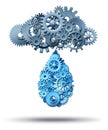 Cloud computing distribution technology concept with a group of gear and cog wheels connected together raining down a water drop Royalty Free Stock Images