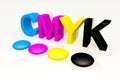 Cmyk letters and ink drop samples render on white reflective background Stock Images