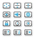 Computer tv monitor screen icons set vector black and blue labels isolated on white resize settings sound account Royalty Free Stock Image