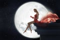 Cute Woman Over Full Moon Back...