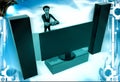 3d man play video game on big television with music system illustration