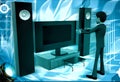 3d man play video game on big television with music system illustration