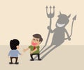 Devil shadow behind a smiling face of two business vector cartoon businessmen Stock Photo