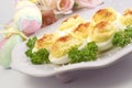 Deviled Eggs on Easter Plate with Decorations