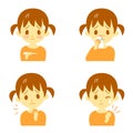 Disease symptoms girl and signs fever sore throat dripping nose stiff neck expressions Stock Images