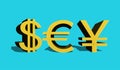 Dollar sign of the USA, eurocurrencies and Japanese enes