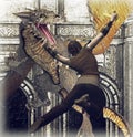 Dragon strike warrior with mythical sword attacking a savage Stock Image