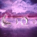 Dream of dolphins swimming in water bubbles the sea and the landscape is purple Royalty Free Stock Images