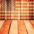 Empty wooden deck table over USA flag background. Independence day, 4th of July background