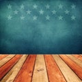 Empty wooden deck table over USA flag background. Independence day, 4th of July background.