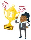 Ethnic businesswoman buddy wins a first prize trop illustration of an who has won trophy for her super skills in business Stock Photography