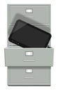Filing cabinet and computer tablet a with one draw open in it Stock Photo