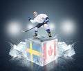 Final game Sweden vs Canada. Hockey player on ice cube