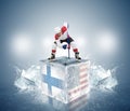 Final game Sweden vs USA. Hockey player on ice cube