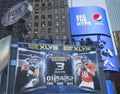 Fox Sports broadcast set on Times Square with the clock counting time till Super Bowl XLVIII match in Manhattan