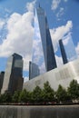 Freedom Tower, September 11 Museum and Reflection Pool with Waterfall in September 11 Memorial Park
