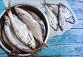 Fresh fish in  iron bowl on a wooden background