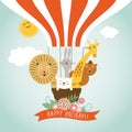 Funny company in hot air ballon, greeting card