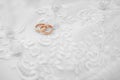 Gold wedding rings on white dress