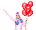 Happy american woman with red gift box and balloons