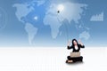 Happy businesswoman with laptop and light bulb on blue world map background Stock Photography