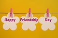 Happy Friendship Day message greeting across white flower tags hanging from pegs on a line