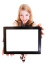 Happy smiling blond girl showing ipad tablet touchpad blank space