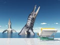 Holiday experience with sea monster computer generated d illustration liopleurodons and deck chair Royalty Free Stock Images