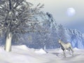 Horse in winter d render beautiful white trotting landscape front of a big mountain and next to trees Royalty Free Stock Image