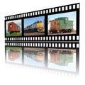 Images of railroading on a film strip railroad old and current with shiny reflection white backgroud Royalty Free Stock Photo