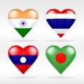 India, Thailand, Laos and Bangladesh heart flag set of Asian states